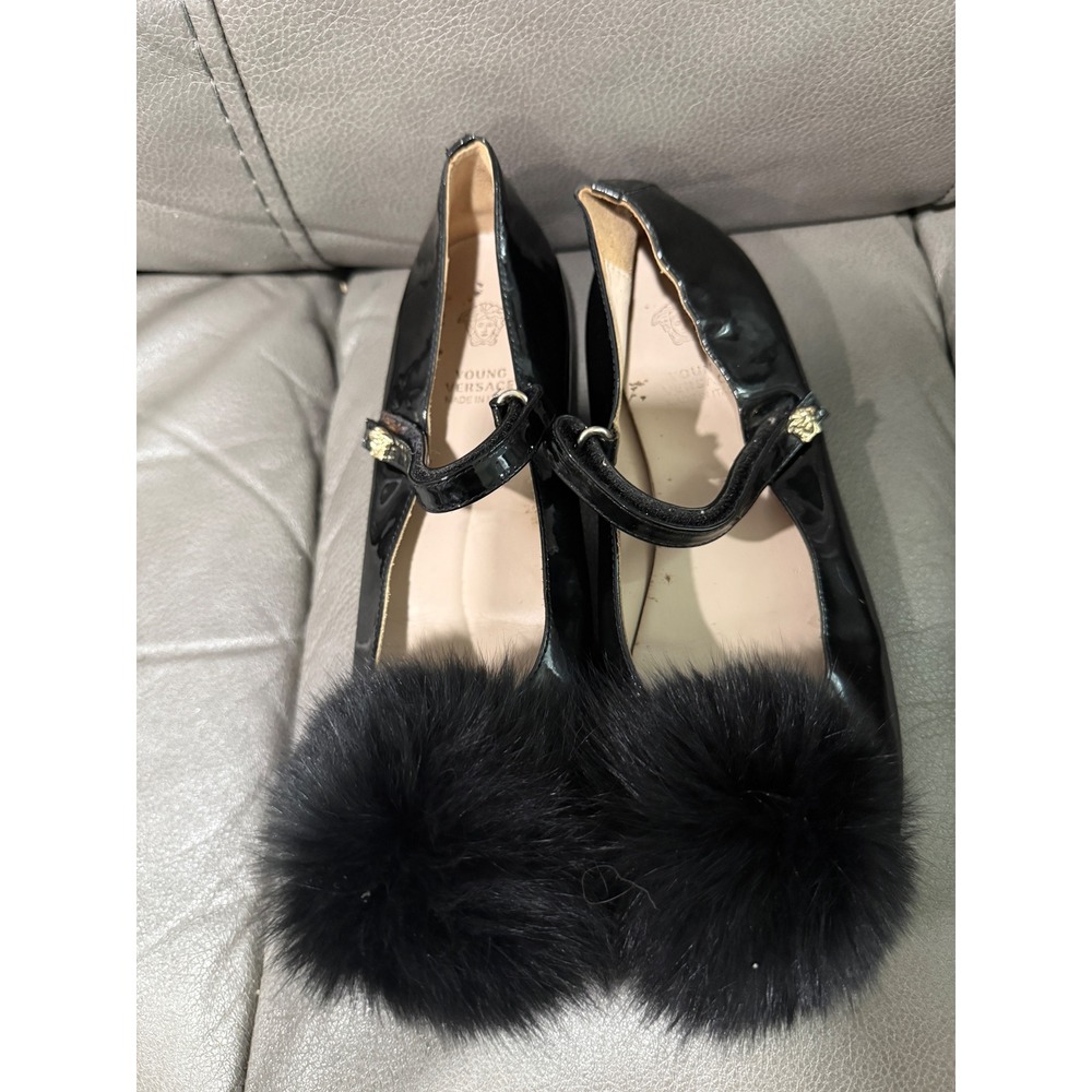 Young Versace Black Patent Leather Fur Pom Pom Mary Jane Flats Medusa Size 37